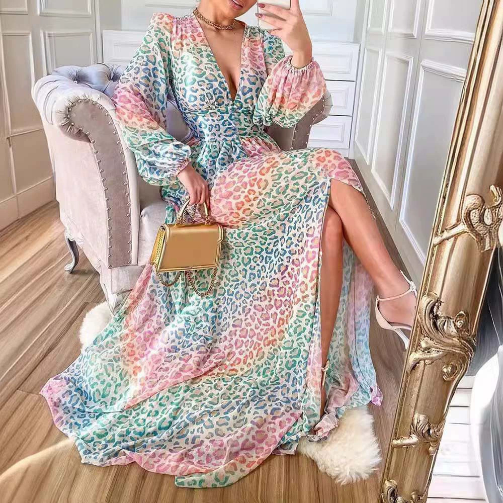 ZARA Summer Deep Slit Colorful Leopard Print Casual Maxi Dress